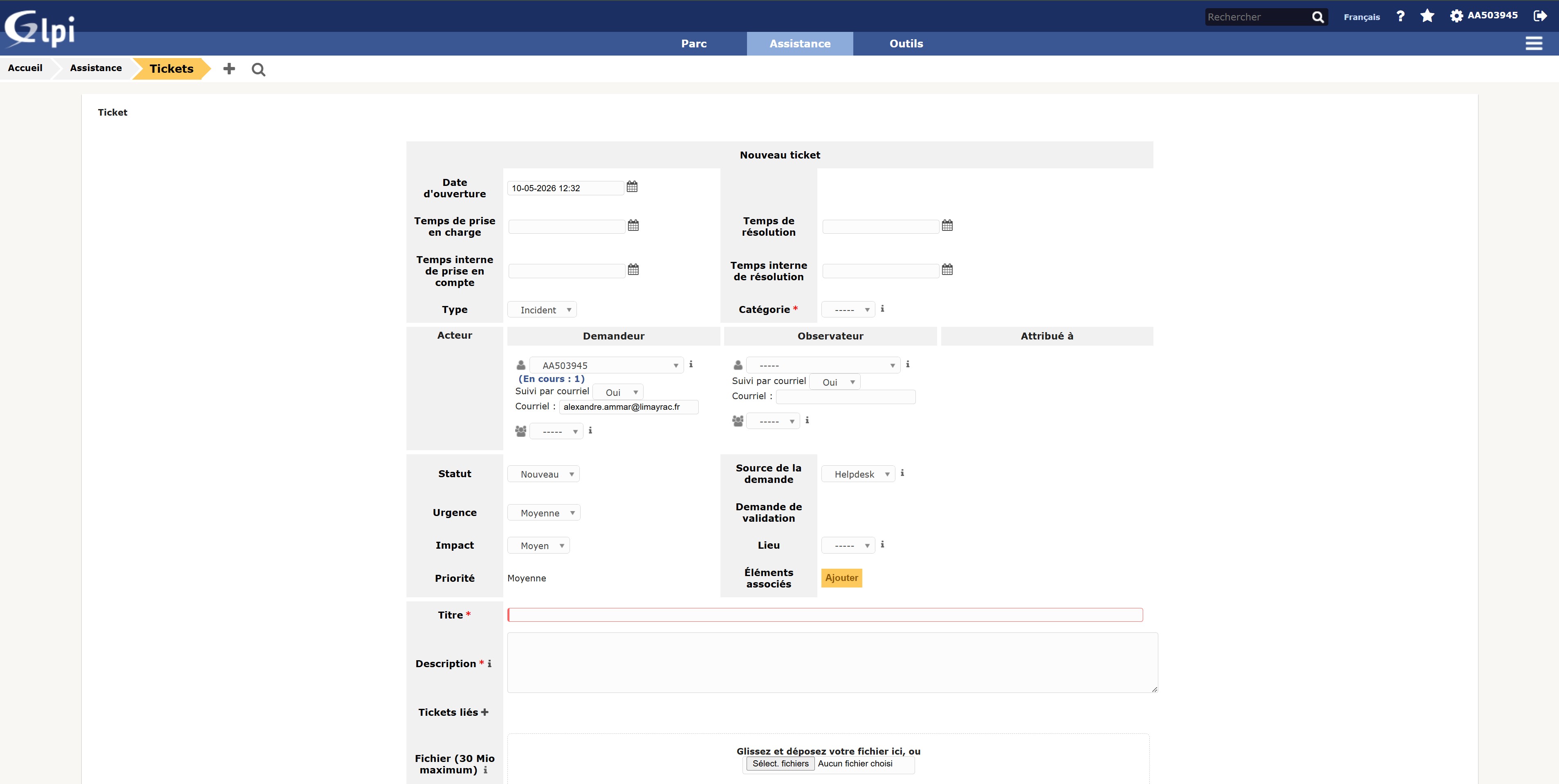 Interface Ticket GLPI Limayrac